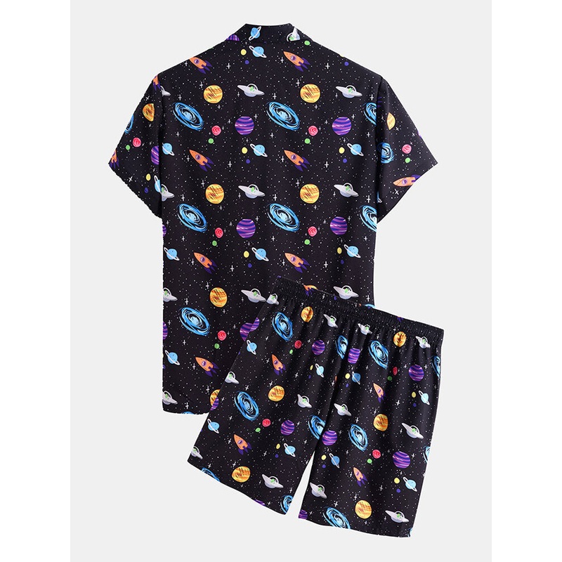 Mens Cartoon Galaxy Print Lapel Collar Short Sleeve Drawstring Casual Shirts Shorts