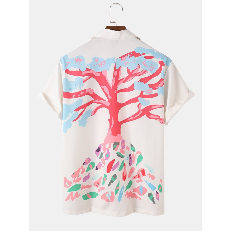 Mens Cartoon Pink Tree Print Revere Collar Short Sleeve Shirt
