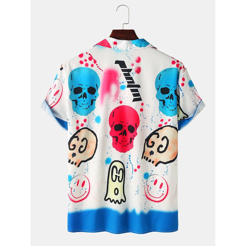 Mens Cartoon Skull Print Revere Collar Short Sleeve Shirt