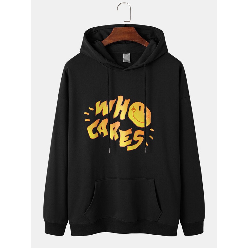 Mens Cartoon Smile Letter Print Cotton Casual Drop Shoulder Pullover Hoodies