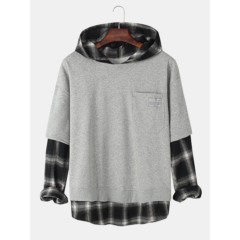 Mens Check Faux Twinset Stitching Chest Pocket Pullover Hoodies