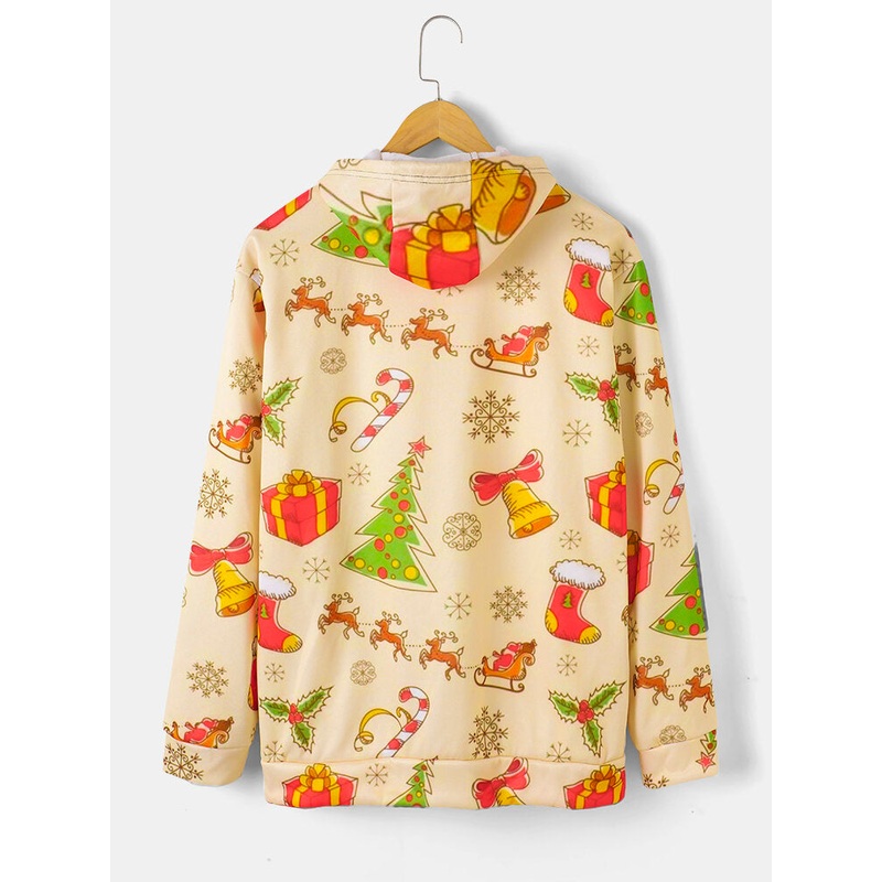 Mens Christmas Element Allover Print Pouch Pocket Casual Drawstring Hoodies