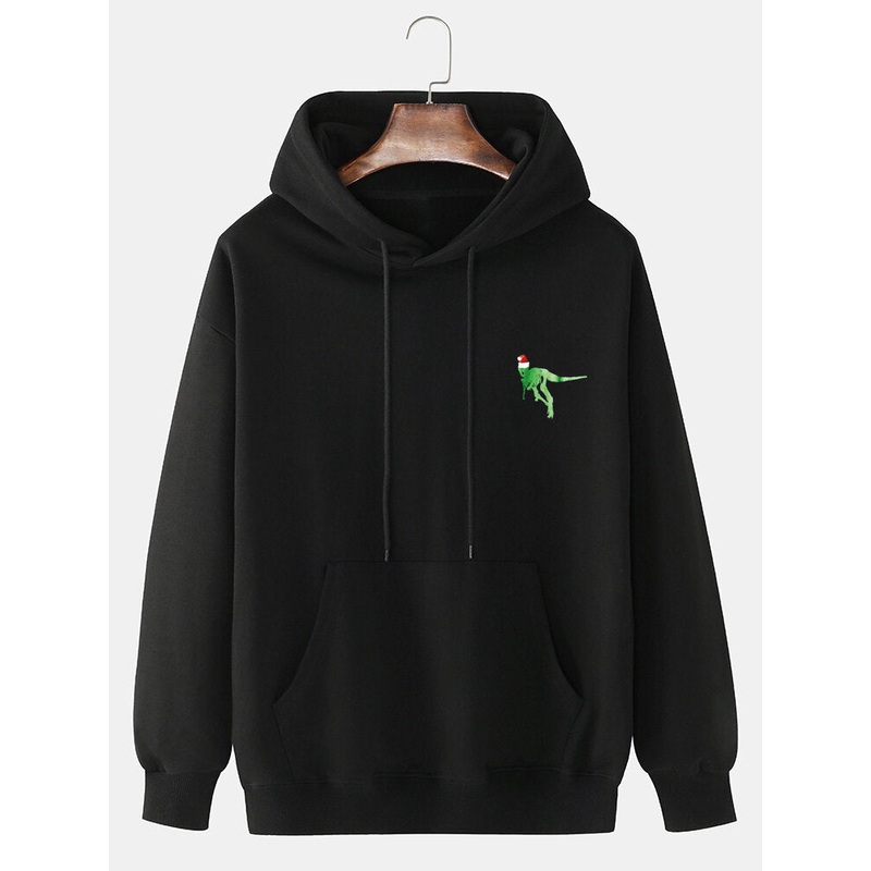 Mens Christmas Hat Cartoon Dinosaur Print Cotton Casual Hoodies