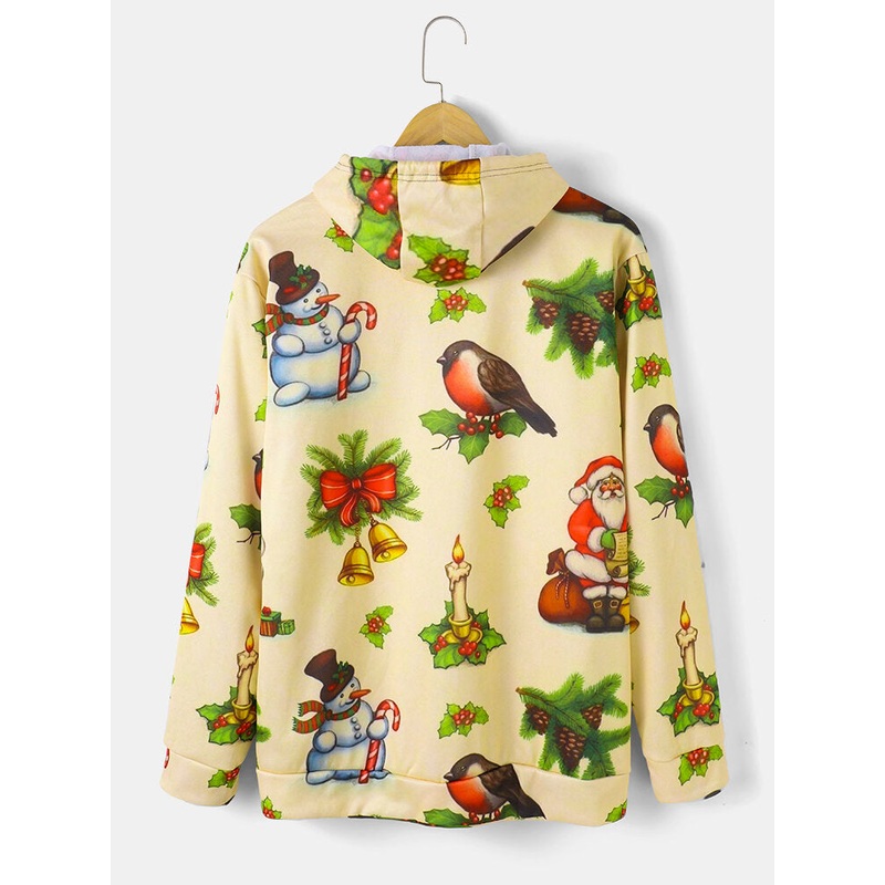 Mens Christmas Snowman Print Casual Drawstring Hoodies With Pouch Pocket
