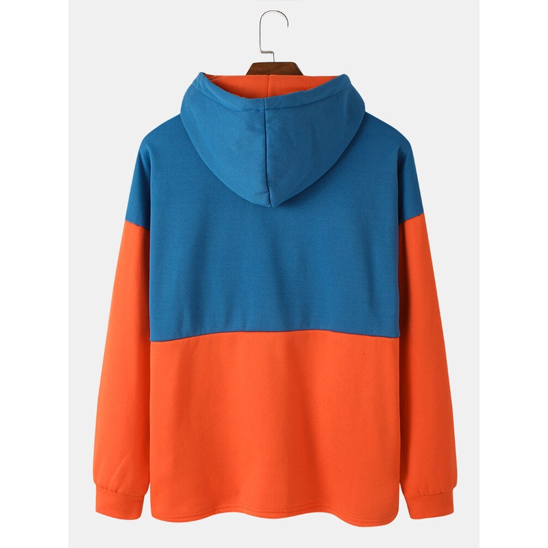 Mens Color Block Patchwork Button Up Double Pockets Casual Hoodie
