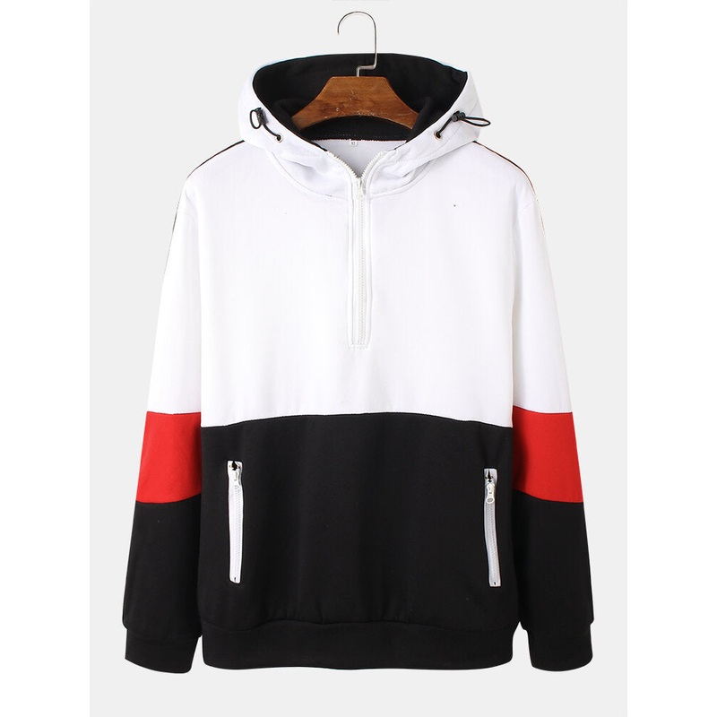 Mens Color Block Patchwork Zipper Front Street Style Casual Hoodie