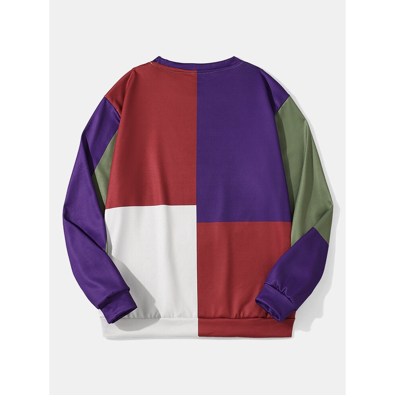 Mens Colorblock Crew Neck Preppy Pullover Sweatshirts