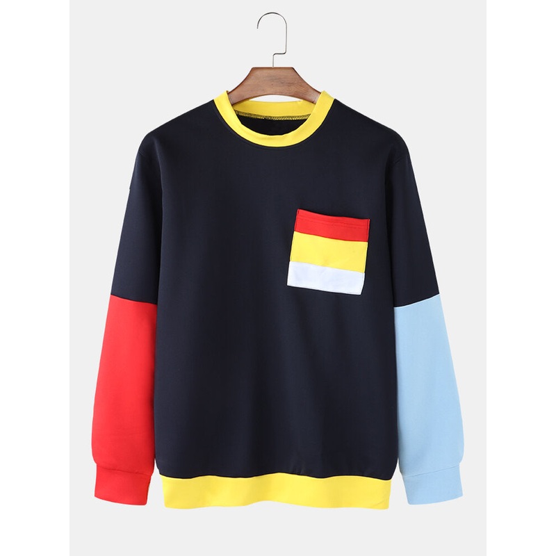 Mens Contrasting Colors Patchwork Pullover Faux Twinset Sweatshirts