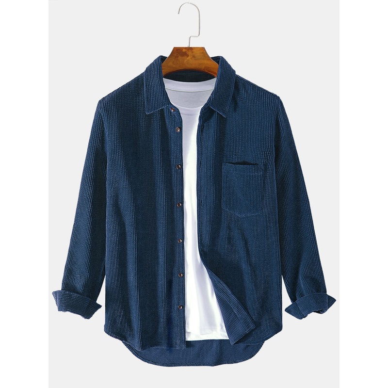 Mens Corduroy Chest Pocket Long Sleeve Comfy Casual Shirts