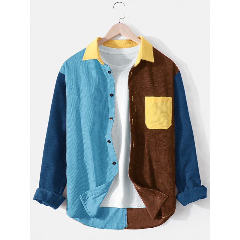 Mens Corduroy Colorblock Patchwork Loose Chest Pocket Long Sleeve Shirts