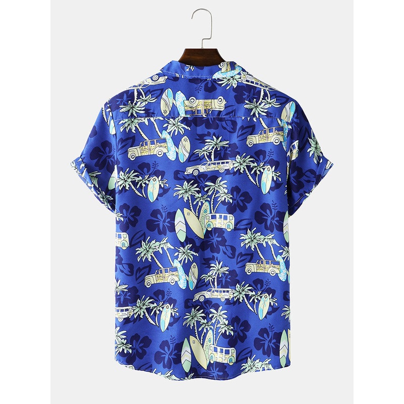 Mens Cotton Cartoon Coconut Tree Print Revere Collar Short Sleeve Shirt
