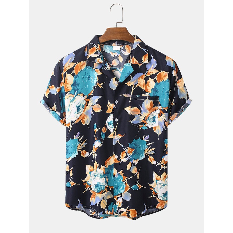 Mens Cotton Flower Print Revere Collar Short Sleeve Shirt
