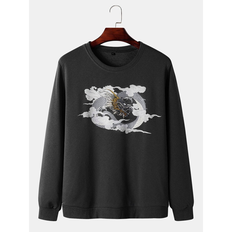 Mens Dragon & Cloud Print Round Neck Cotton National Style Sweatshirts