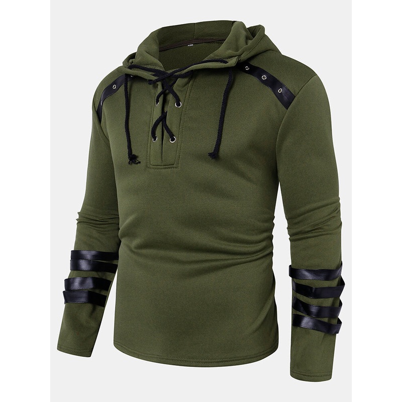 Mens Drawstring Collar Long Sleeve Detail Designer Plain Casual Hoodie