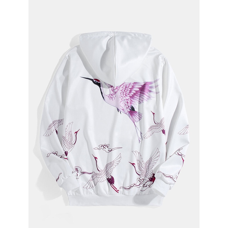 Mens Ethnic Style Crane Print Pocket Long Sleeve White Hoodies