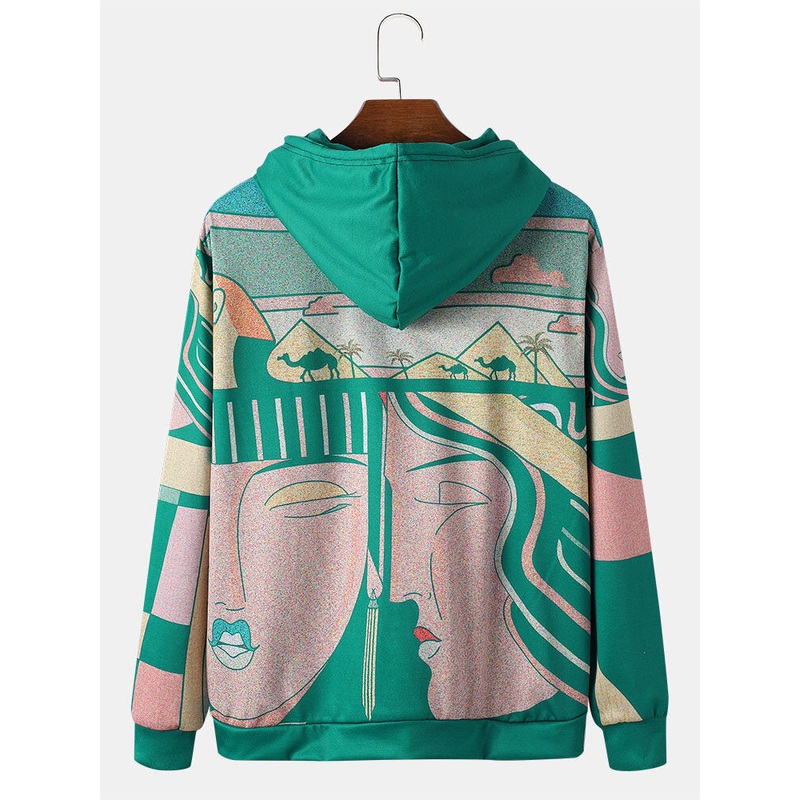 Mens Ethnic Style Print Kangaroo Pocket Drawstring Hoodies