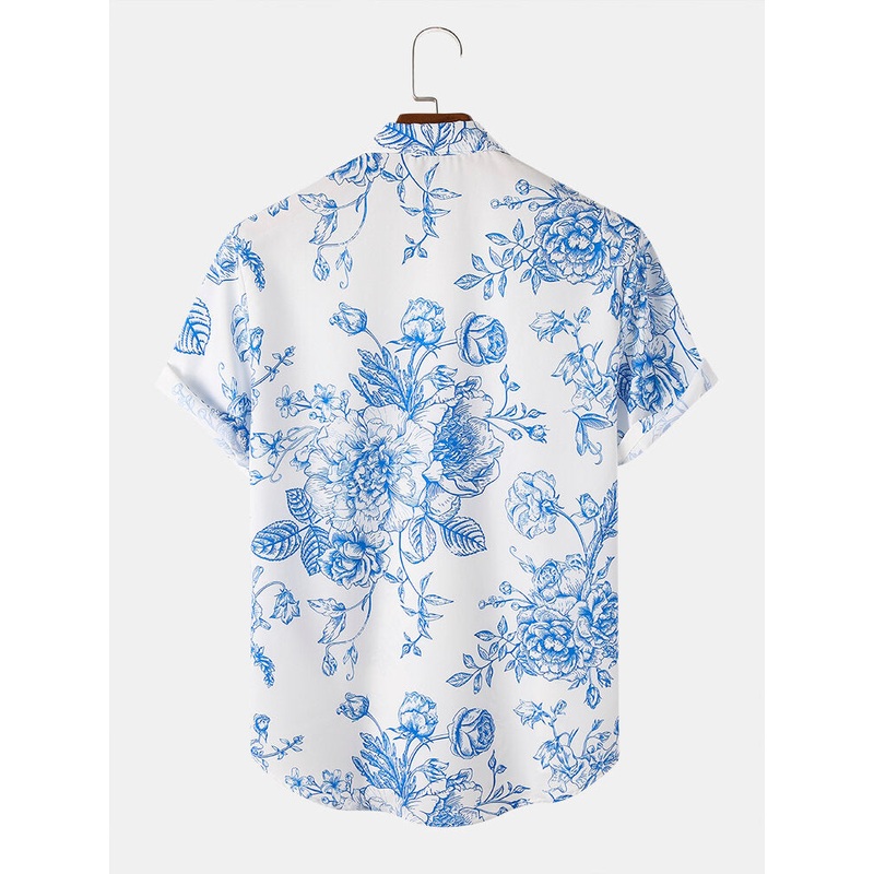 Mens Fashion Floral Print Chinese Style Short Sleeve Shirts