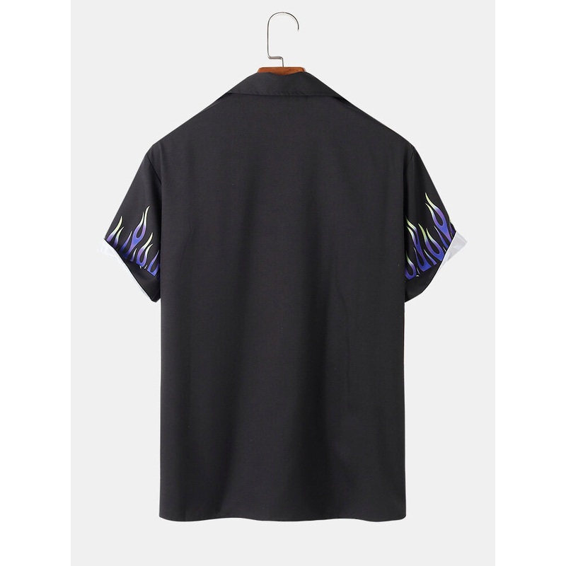Mens Fire Pattern Print Revere Collar Casual Shirts