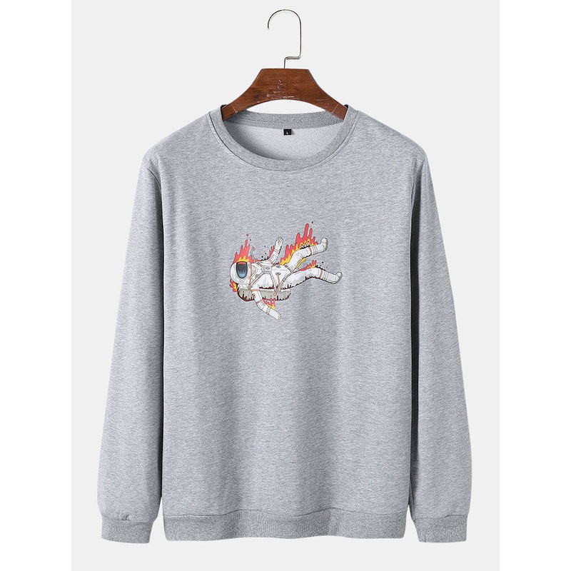 Mens Flame Astronaut Graphic Round Neck Cotton Pullover Sweatshirts