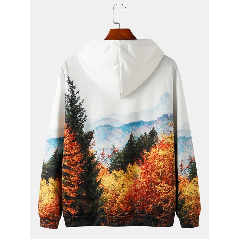 Mens Forest Landscape Print Drawstring Pullover Hoodies With Pouch Pocket