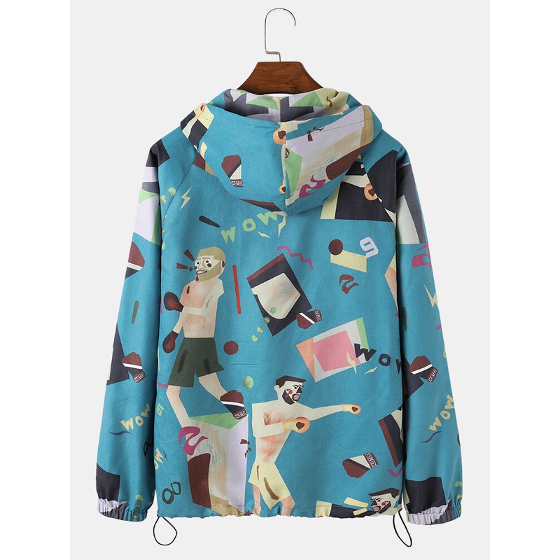 Mens Funny Figure Print Half Zipper Hoodie Portable Windbreaker Jacket