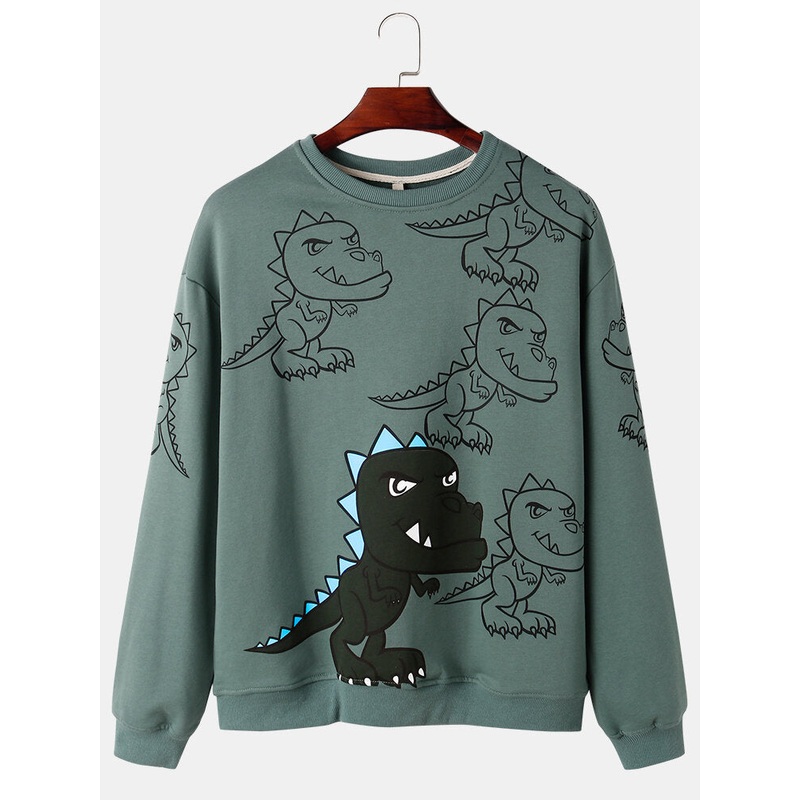 Mens Graffiti Dinosaur Print Pullover Drop Shoulder Street Sweatshirts
