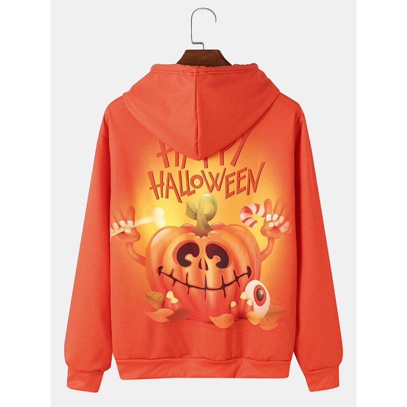 Mens Halloween Pumpkin Letter Hoodies With Kangaroo Pocket