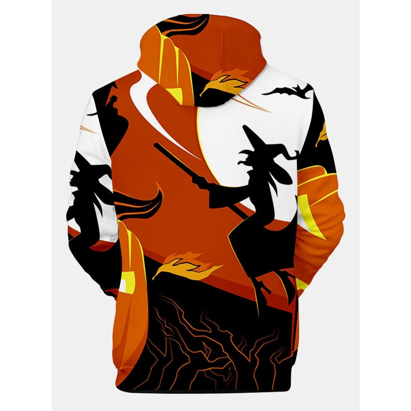 Mens Halloween Witch Pattern Cartoon Pockets Hoodies