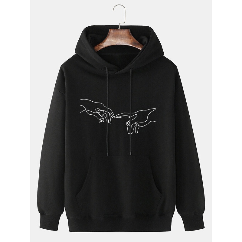 Mens Hand Graphic Print Solid 100% Cotton Casual Pullover Hoodie