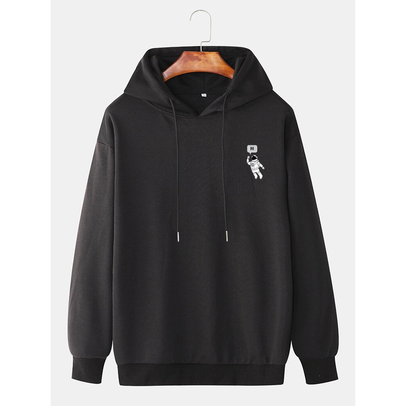 Mens Hi Astronaut Solid Color Drawstring Pullover Casual Hoodie