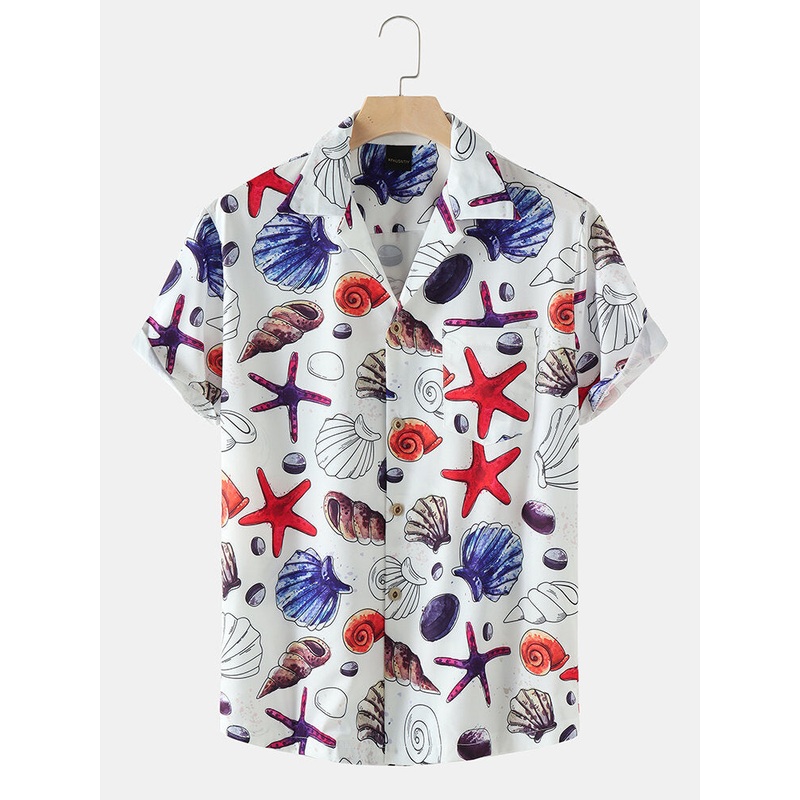 Mens Holiday Starfish Ocean Element Print Revere Collar Shirts
