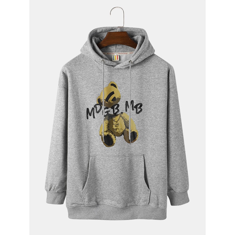 Mens Kangaroo Pocket Preppy Bear Printed  Pullover Hoodies