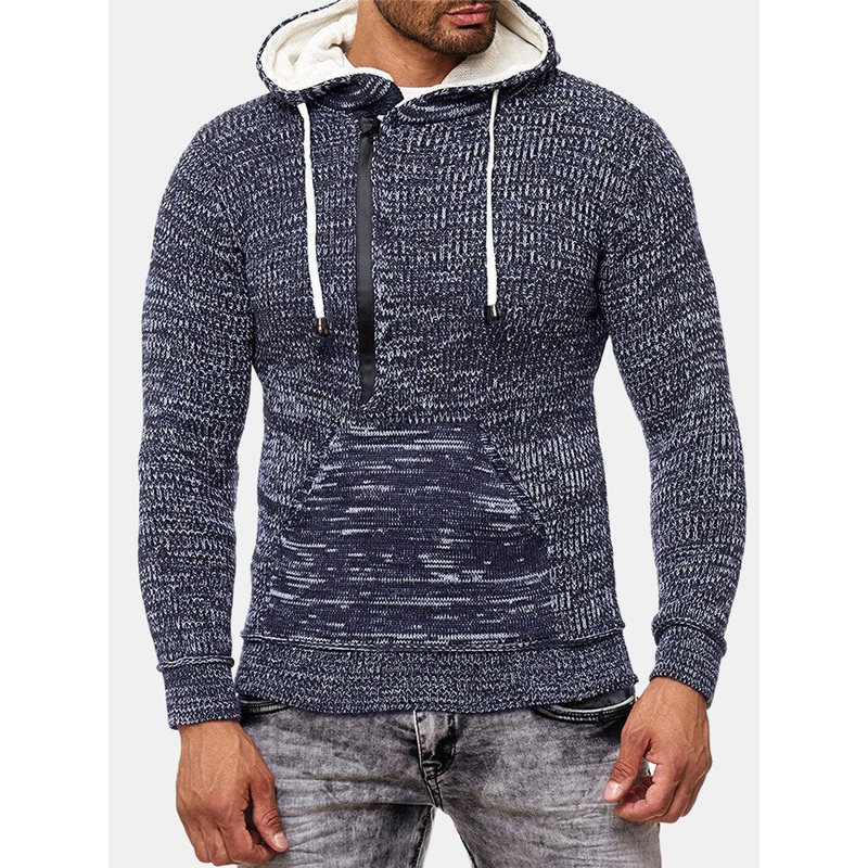 Mens Knit Half Zip Pouch Pocket Casual Overhead Drawstring Hoodies