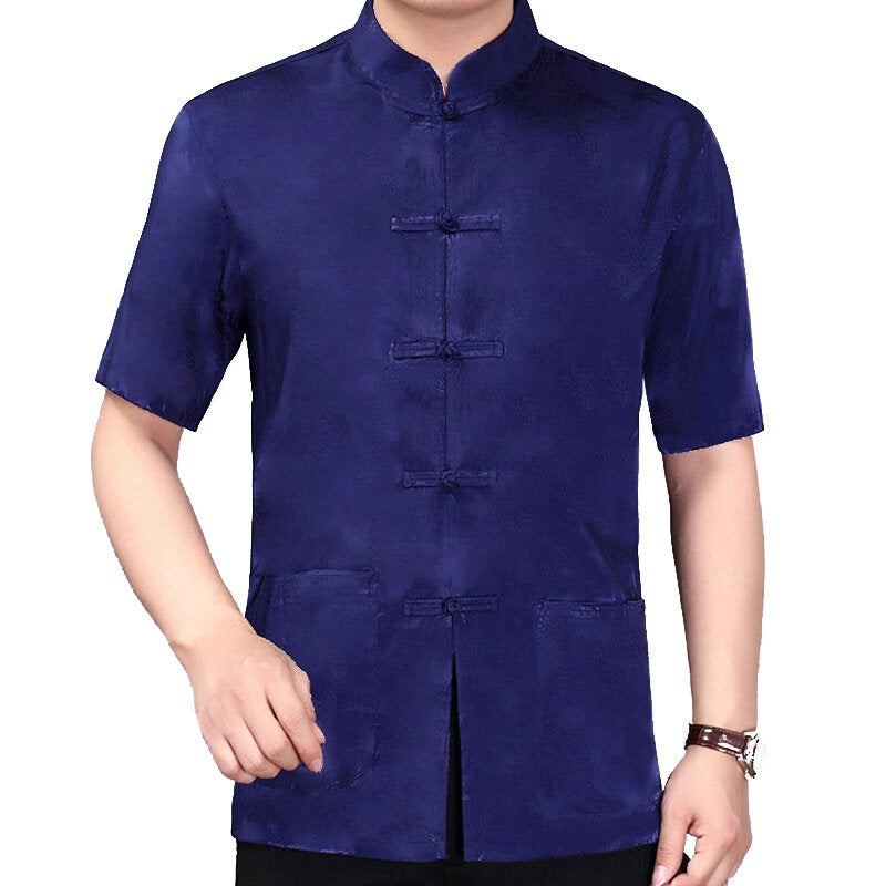 Mens Kung Fu Shirts Stain Silk Short Sleeve Chinese Casual Loose Traditional Tops
