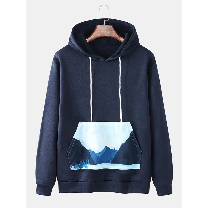 Mens Landscape Print Pocket Long Sleeve Simple Hoodies