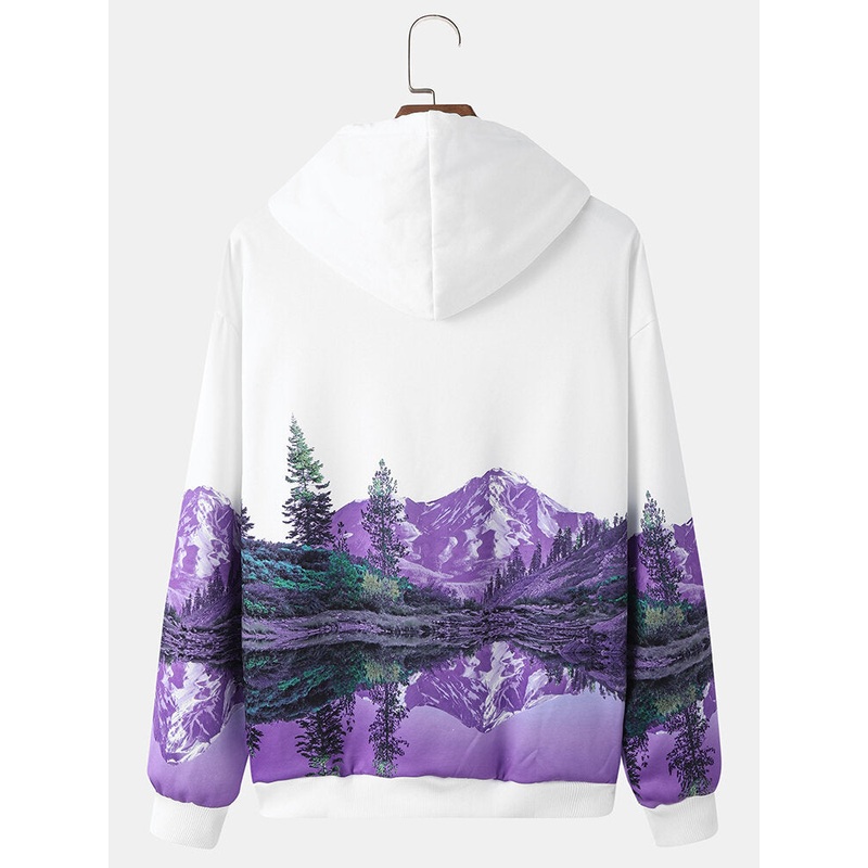 Mens Landscape Printing Drawstring Casual Hooded Sweatshirt