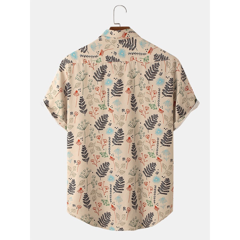 Mens Leaf Print Plant Lapel Short Sleeve Shirts