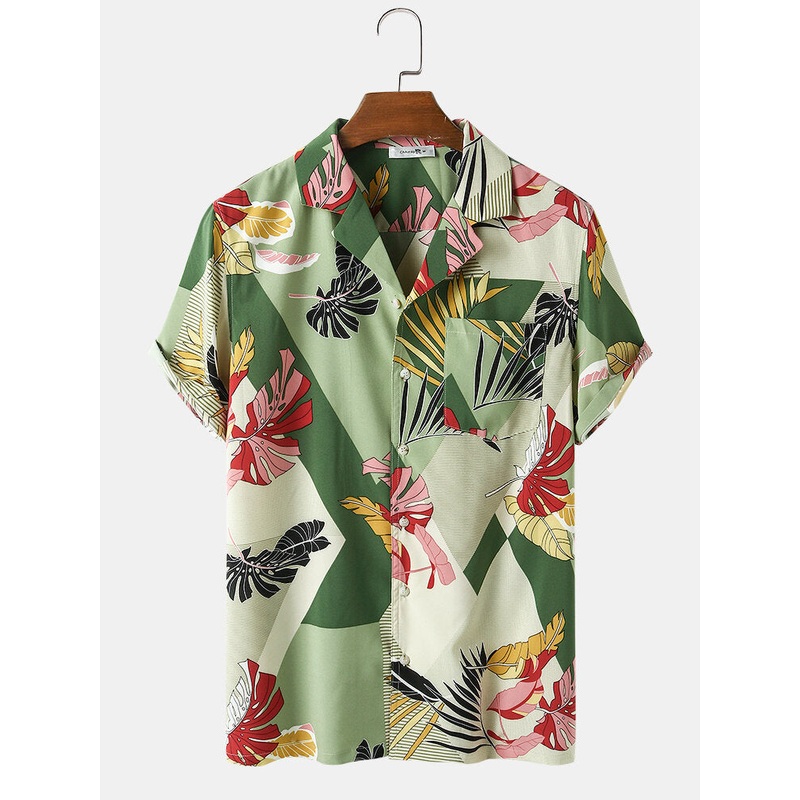 Mens Leaf Print Turn Down Collar Short Sleeve Shirts