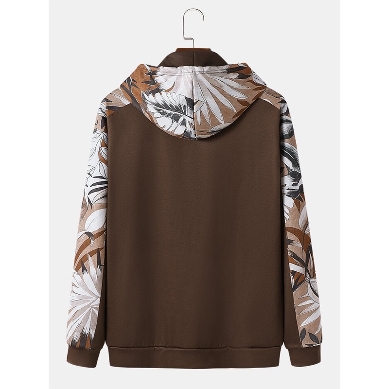 Mens Leaves Pattern Raglan Sleeve Patchwork Hooded Sweatshirts