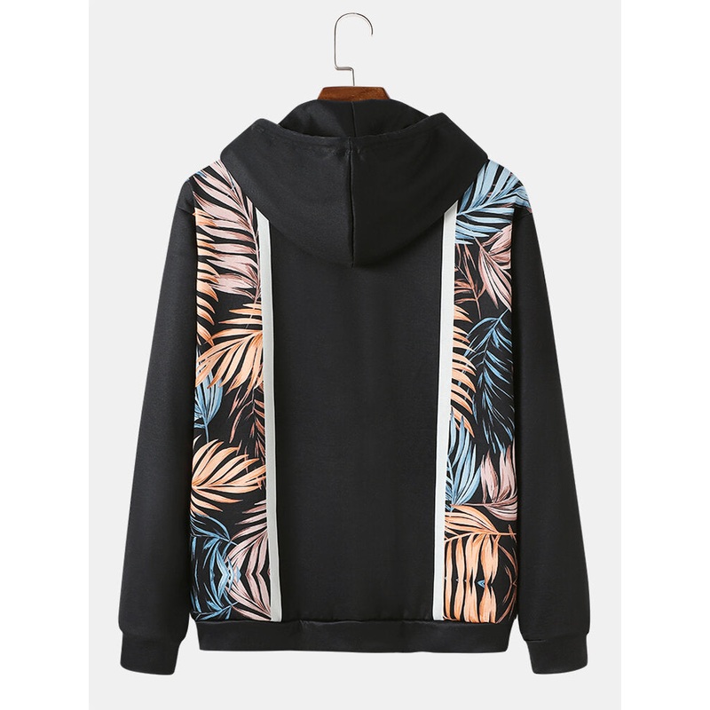 Mens Leaves Printed Hit Lined Drawstring Hooded Sweatshirts