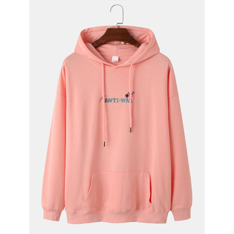 Mens Letter Cartoon Plant Back Print Cotton Casual Drop Shoulder Hoodies