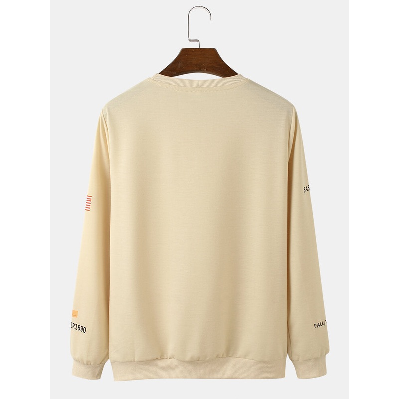Mens Letter Sleeve Print Round Neck Cotton Pullover Sweatshirts