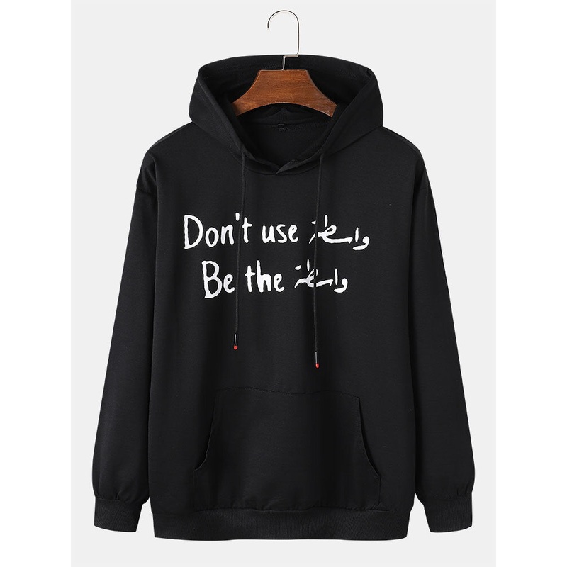 Mens Letter Slogan Print 100% Cotton Drawstring Overhead Hoodies