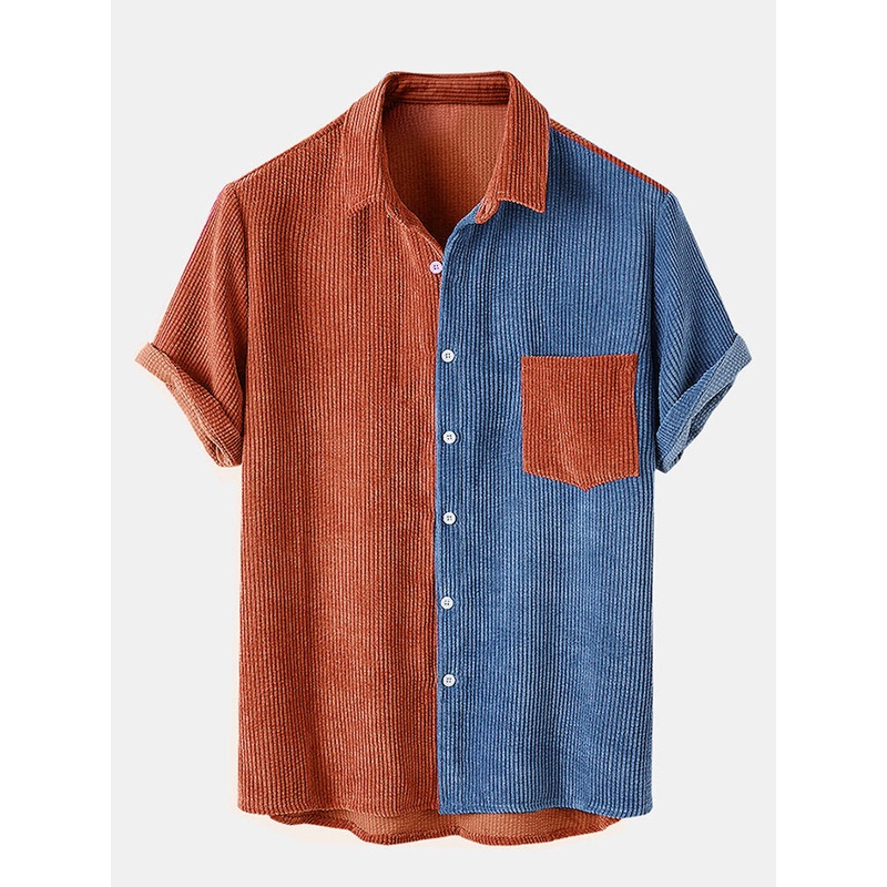 Mens Light Corduroy Patchwork Patch Pocket Elastic Waist Breathable Shirt & Shorts