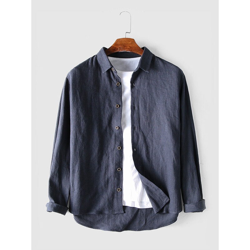 Mens Long Sleeve Casual Pure Color Linen Shirts