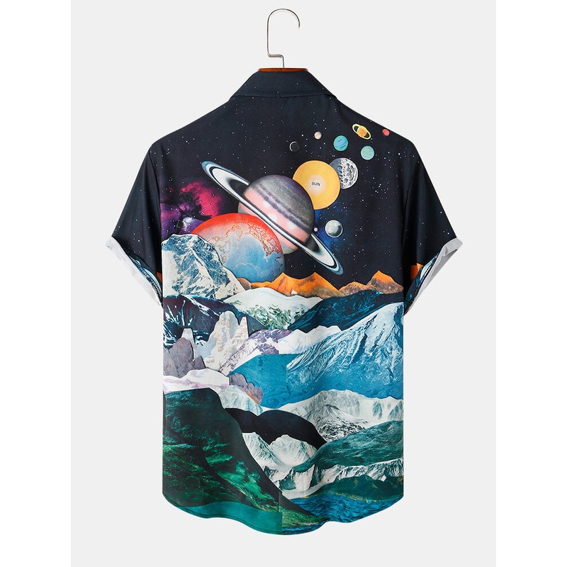 Mens Mountain & Planet Print Lapel Short Sleeve Shirt
