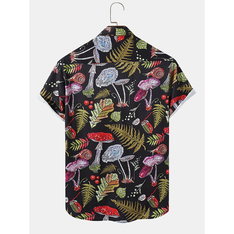 Mens Multi Mushroom Print Chest Pocket Short Sleeve Shirt