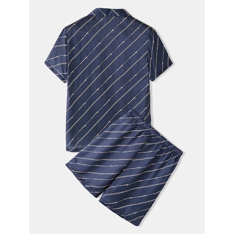Mens Navy Stripe Revere Collar Two Pieces Faux Silk Home Shirts Shorts