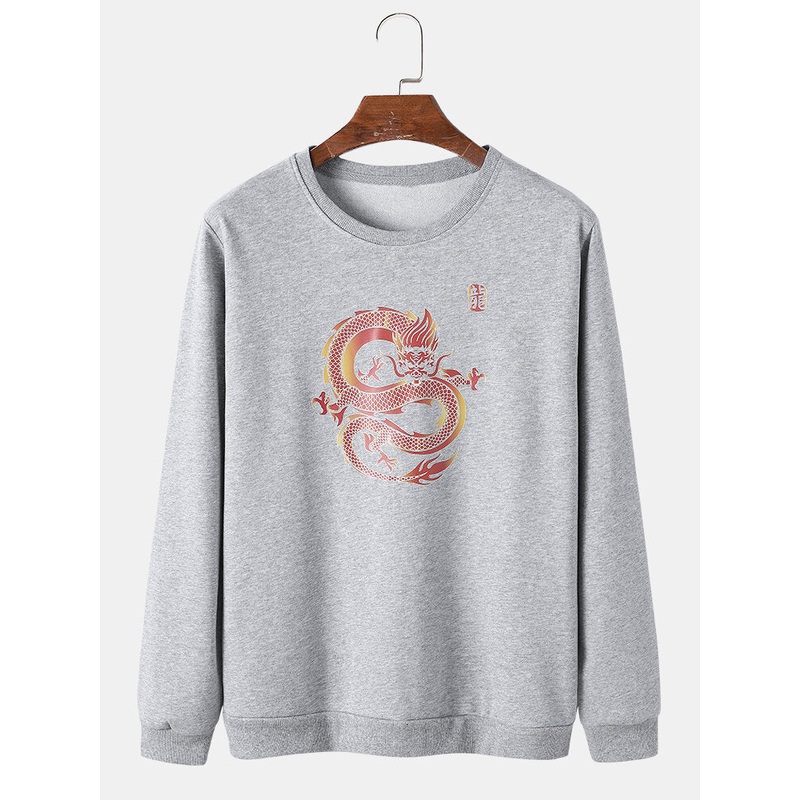 Mens Oriental Dragon Graphic Print Round Neck Pullover Cotton Sweatshirts