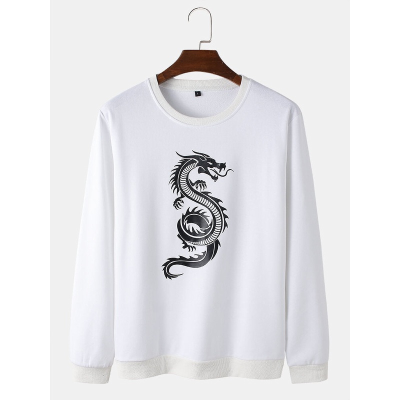 Mens Oriental Dragon Print Round Neck Pullover Cotton Street Sweatshirts